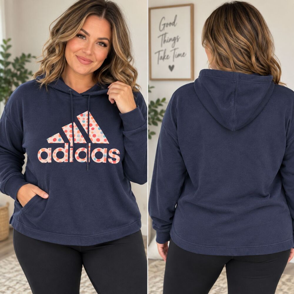 Adidas Women 1X Navy Fleece Hoodie Colorful Logo Pullover Plus Size Athleisure